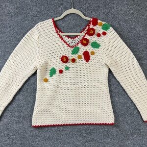 Hand Knit‎ Sweater Women White Scoop Neck Holiday Flower Crochet
